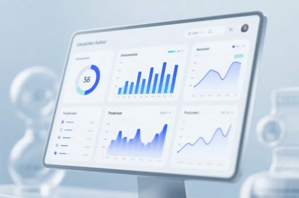 An abstract scientific data dashboard showing statistics, bar charts, and probability curves on a clean modern screen, representing unbiased data analysis